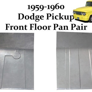 May include: A pair of replacement front floor pans for a 1959-1960 Dodge pickup truck. The pans are made of metal and are shown in a light gray color.  1959-1960 Dodge Pickup Front Floor Pan Pair
