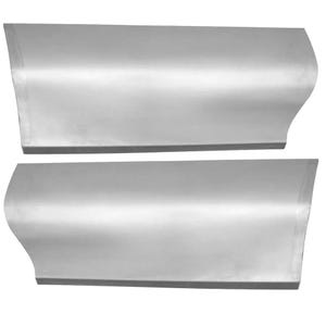May include: Two new, unpainted, silver-colored car door panels. The panels are rectangular with a curved edge on one side. The panels are likely replacement parts for a vehicle.