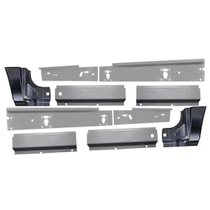 May include: A collection of new, unpainted automotive body panels, including rocker panels, door skins, and corner pieces. The parts are made of bare metal and are arranged against a white background.