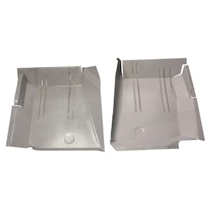 May include: Two silver-colored, stamped metal floor pans for a vehicle. Each pan has a complex shape with multiple angles, ridges, and a circular indentation. The pans are designed to fit the floor of a car or truck.