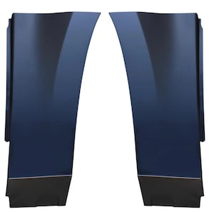 May include: Two dark gray automotive rocker panels with a smooth, curved vertical design. These metal body components feature a solid matte finish and a distinct tapered shape, designed for vehicle exterior repair or replacement applications.