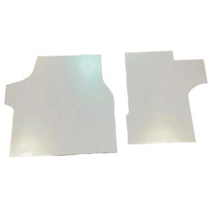 May include: Two light gray, irregularly shaped pieces of material, possibly fabric or paper, are displayed against a white background. The pieces have curved and angular edges, suggesting they may be cut-out shapes.