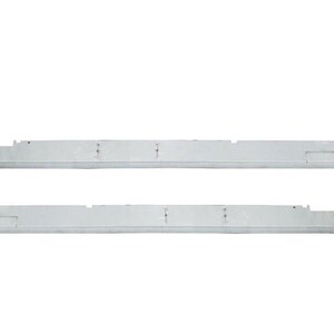 May include: Two silver metal car door sill plates. The plates are flat and rectangular with a slight curve at the ends. The plates have several small holes along the edges.