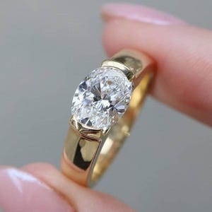 1.0CT East-West Oval Cut Half Bezel Set Ring ,Oval Solitaire Engagement Ring , Solid Yellow Gold Ring , Dainty Bridal Ring , Jewelry Gift