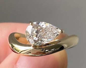 East West Ring, 1.5 CT Pear Moissanite Engagement Ring, Solitaire Ring, Pear Cut Ring, Moissanite Wedding Ring, 14K Yellow Gold Pear Ring