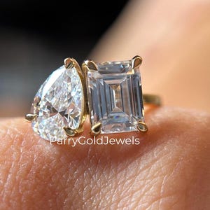 Toi Et Moi Moissanite Diamond Engagement Ring | Emerald & Pear Diamond Two Stone You and Me Wedding - Anniversary Gift - Promise  For Her