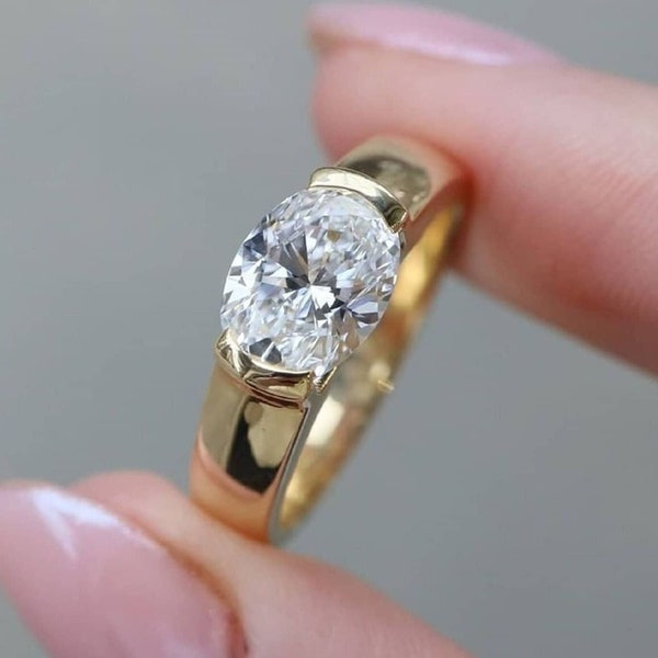 1.0CT East-West Oval Cut Half Bezel Set Ring ,Oval Solitaire Engagement Ring , Solid Yellow Gold Ring , Dainty Bridal Ring , Jewelry Gift