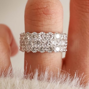 Moissanite Wedding Band, Multi Row Ring, Round Semi Eternity Triple Rows Anniversary Engagement Rings, Presents for Her