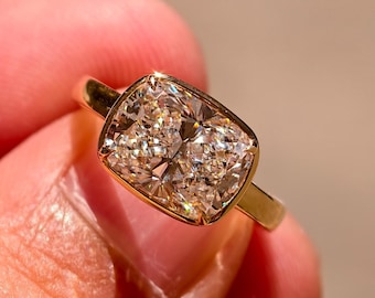 3CT Elongated Cushion Lab Grown Diamond East West 14K Yellow Gold Prong Set Ring
