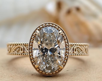Vintage Oval Cut Lab Grown Diamond Ring, Art Deco Engagement Ring, Engraved Floral Band