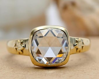 Cushion Lab Grown Diamond Ring, Rose Cut Engagement Ring, 14K Gold Bezel, Floral Band