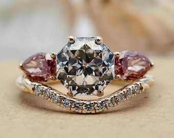 Octagon Cut Lab Grown Diamond Ring, Three Stone Engagement Ring Set, Twisted Band