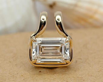 East West Emerald Cut Lab Diamond Grown Pendant, 14K Gold Solitaire, Double Loop Bail