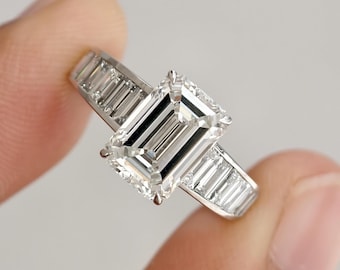 3Ct Vintage Emerald Cut Ring, Lab Grown Diamond Engagement Ring, White Gold Baguette Band