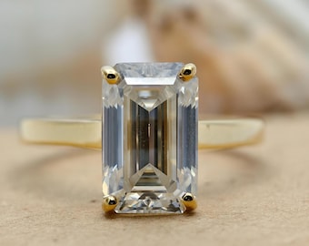 Emerald Cut Lab Grown Diamond Ring, 14K Gold Solitaire Engagement Ring, Cathedral Band