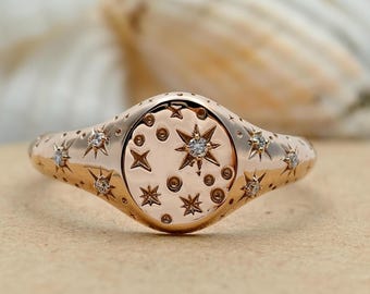 Round Cut Lab Grown Diamond Star Engraved Ring, 14K Rose Gold Celestial Signet Ring