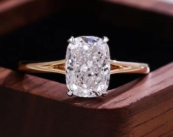 Anillo de compromiso alargado de dos tonos con diamante cultivado en laboratorio y corte cojín, anillo de halo oculto solitario con certificación IGI en oro de 14 quilates, anillo de promesa para ella.