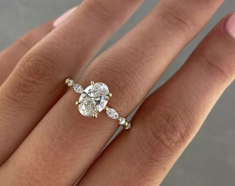 1.50CT Oval Cut Moissanite Diamond Engagement Ring, 10/14K Solid Gold Solitaire Setting Distance Pave Diamond Promise Ring, Promise Ring Her