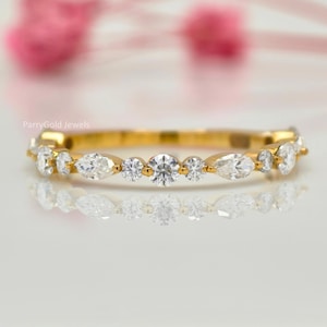 Marquise Round Diamond Band Ring Diamond Stackable Ring Solid Gold Marquise Wedding Band 14k Gold Eternity Ring Dainty Stacking Ring