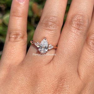 3CT Pear Cut Moissanite Diamond Engagement Ring | Solitaire Solid Gold Side Round Cut Wedding Ring | Anniversary Or Birthday Gift For Her