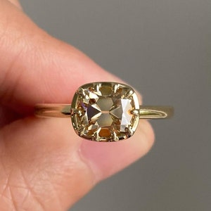 2.50CT Champagne Color Old Mine Cushion Cut Moissanite Engagement Ring East to West Bezel Set In 10/14/18K Yellow Gold Wedding Ring For Her