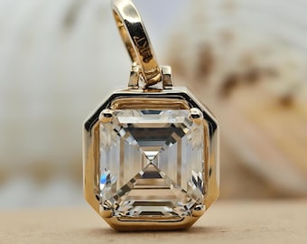Asscher Cut Lab Grown Diamond Pendant, Solitaire Necklace Charm, 14K Gold Geometric Pendant