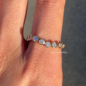 Round Cut Lab Grown Diamond Engagement Band | Half Eternity Solid Yellow Gold Bezel Set  Stacking, Wedding, Anniversary, Band For Her