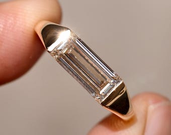 Baguette Cut Lab Grown Diamond Ring, 14K Gold Engagement Ring, East West Bezel Set