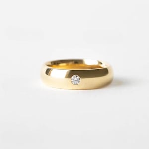 14K Yellow Gold Diamond Band - Rounded Dome Single Diamond Ring for Wedding, Engagement, Anniversary, Unique Gift for Him & Her