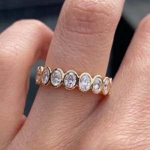 Oval Cut Bezel Band,  Lab Grown Diamond Half Eternity Wedding Band, 14K Yellow Gold Band, Stacking Matching Band, Minimalist Band For Women