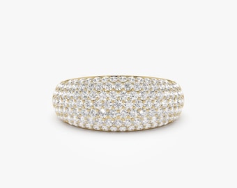 14k Dome Pave Diamond Ring 0.99 ctw, Chunky Dome Pave Setting Signet Band, 1Statement ring, Anniversary Gift For Her, Intricate Diamond Ring