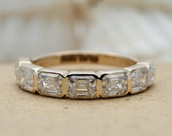 Emerald Cut Lab Grown Diamond Half Eternity Ring, 14K Gold East West Bezel Set