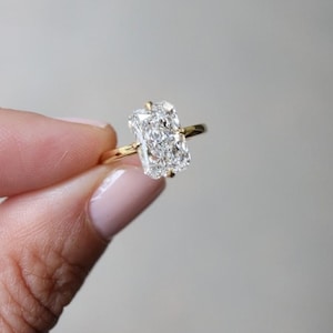 4.25 CT Elongated Radiant Cut Moissanite Solitaire, Lower Sit-Tulip Setting, NSEW Prongs, 14k Solid Yellow Gold, Wedding Ring, Proposal Gift