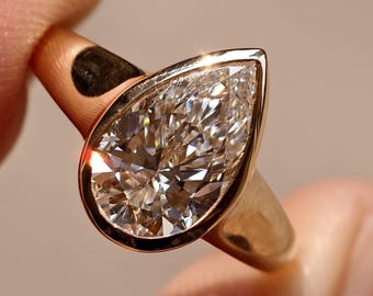 Pear Cut Engagement Ring, Lab Grown Diamond , 14K Yellow Gold Bezel Set, Signet Ring
