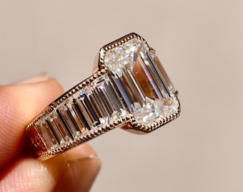 Art Deco Emerald Cut Engagement Ring, Lab Grown Diamond, 14K Filigree Floral Baguette Band
