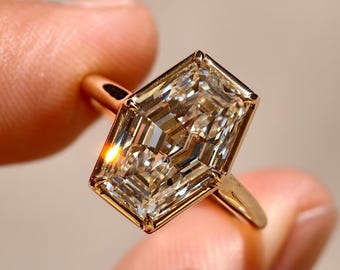 Squashed Hexagon Step Cut Lab Grown Diamond Ring, 14K Gold Art Deco Engagement Ring