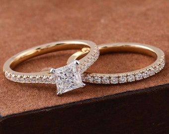 1.5Ct Princess Cut Moissanite Diamond Engagement Ring Set | 10/14/18K Gold Eternity Band Wedding Ring Set | Simply Minimalist Bridal Set Her