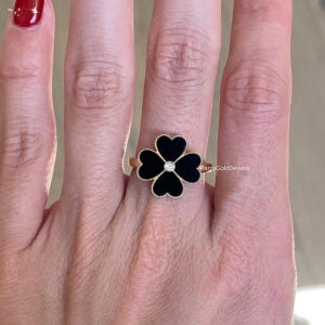Black Onyx Flower Clover Ring in Solid Gold • Heart Petal Four Leaf Lucky Ring • Dainty Onyx and Diamond Ring • Unique Gift for Her