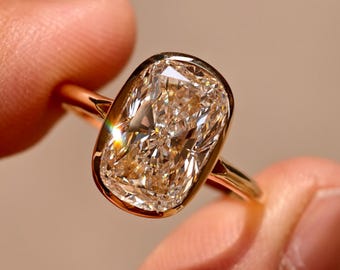 5CT Elongated Cushion Lab Grown Yellow Gold Bezel Set Split Shank Art Deco Ring
