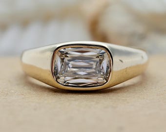 East West Cushion Criss Cut Lab Grown Diamond Ring, Bezel Engagement, 14K Signet Ring