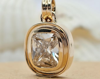 Vintage Old Mine Cut Pendant, Lab Grown Diamond Bezel Pendant, 14K Yellow Gold Charm