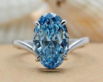 Oval Cut Ring, Blue Diamond Engagement Ring, Lab Grown, 14K White Gold Bypass Rings