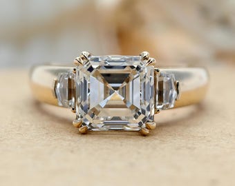 Asscher Cut Lab Grown Diamond Ring, Three Stone Engagement Ring, Cadillac Side Stones