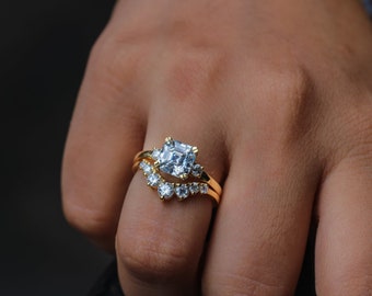 Asscher Schnitt Moissanit Verlobungsring Verlobungsring Art Deco Gebogene Hochzeit Band Braut Diamant Ring 14 / 18K Rose Gold Ring Jubiläum Klassischer Ring