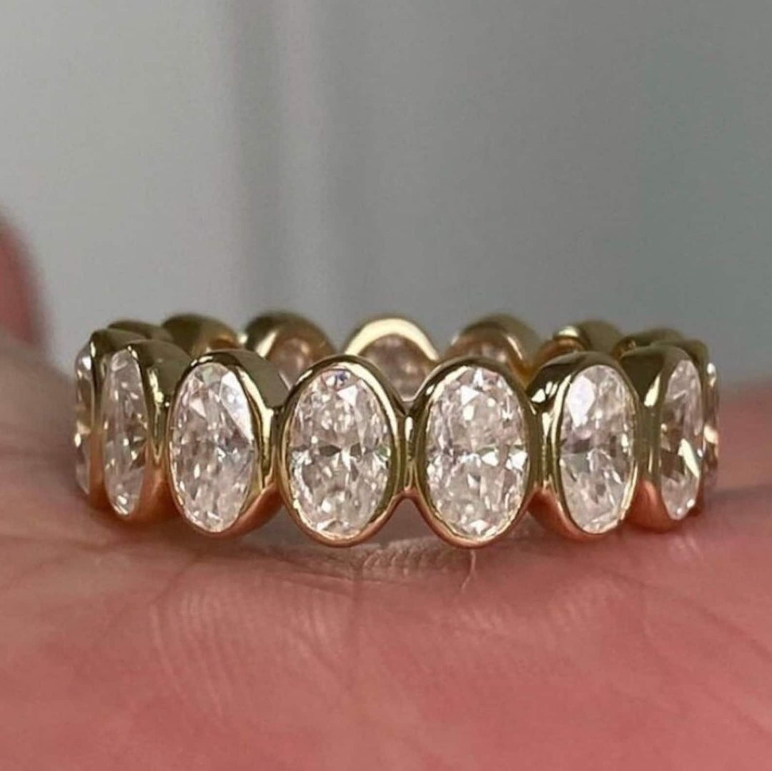 14k Yellow Gold Oval Cut Moissanite Wedding Band , Bezel Oval Ring ...