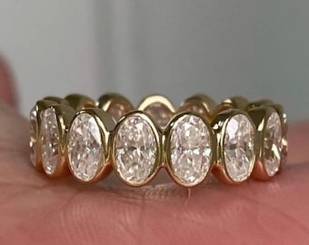 14k Yellow Gold Oval Cut Moissanite Wedding band , Bezel Oval Ring Eternity band , Oval shape Colorless Moissanite Wedding Ring for women&#39;s