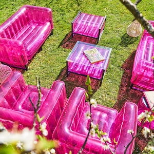 Crystal Pink & Aluminum Indoor/ Outdoor Furniture Set (Sofa, Armchair, and Coffee Table)