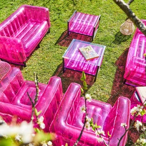 Crystal Pink & Aluminum Indoor/ Outdoor Furniture Set (Sofa, Armchair, and Coffee Table)