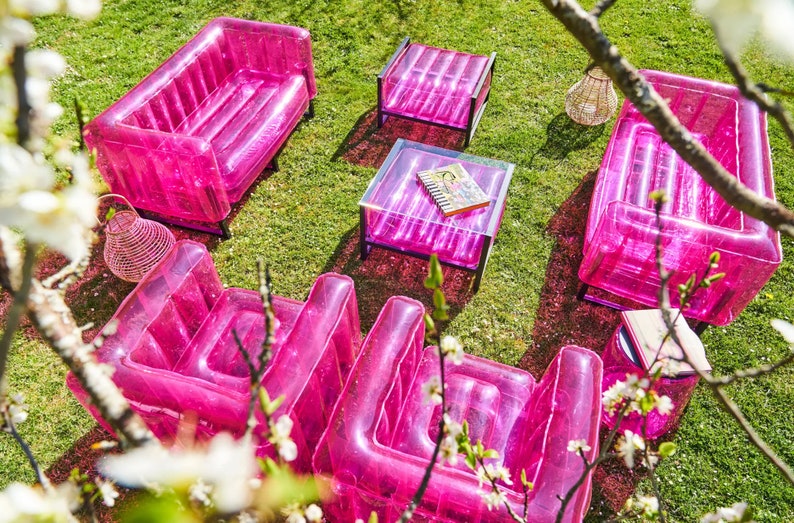 Crystal Pink & Aluminum Indoor/ Outdoor Furniture Set sofa, Armchair