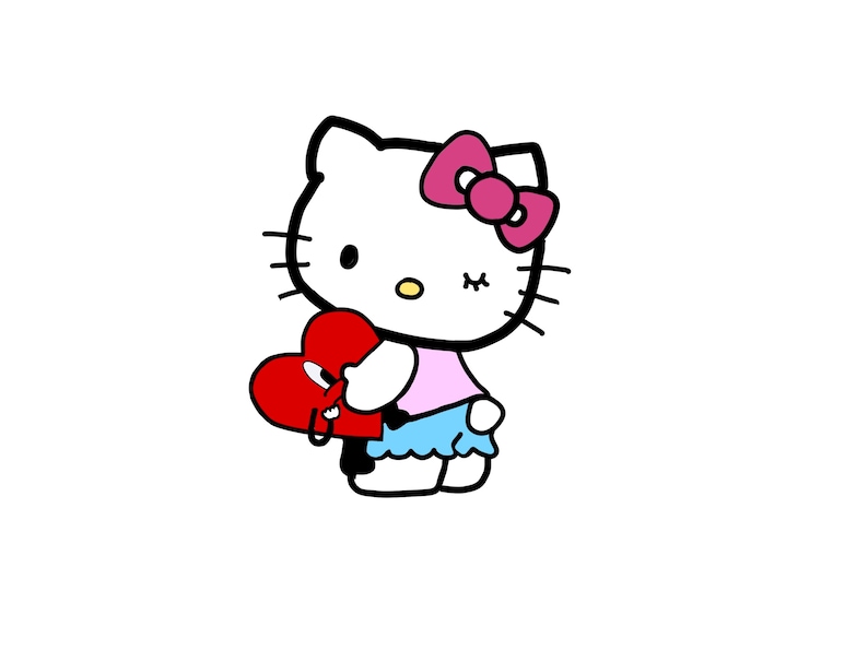 Puede incluir: Una ilustraci&oacute;n de dibujos animados de Hello Kitty sosteniendo un coraz&oacute;n rojo. Lleva un lazo rosa y una falda azul claro.